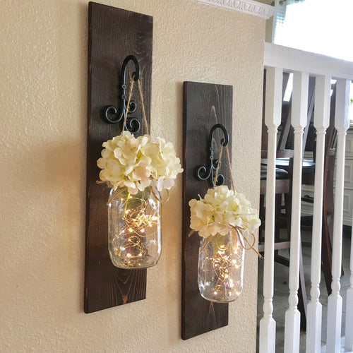 Large Set Of Lighted Mason Jar Sconces, Wall Decor,mason Jar Wall Decor, Distressed Wood Sconce, Lighted Mason Jars, Home Decor