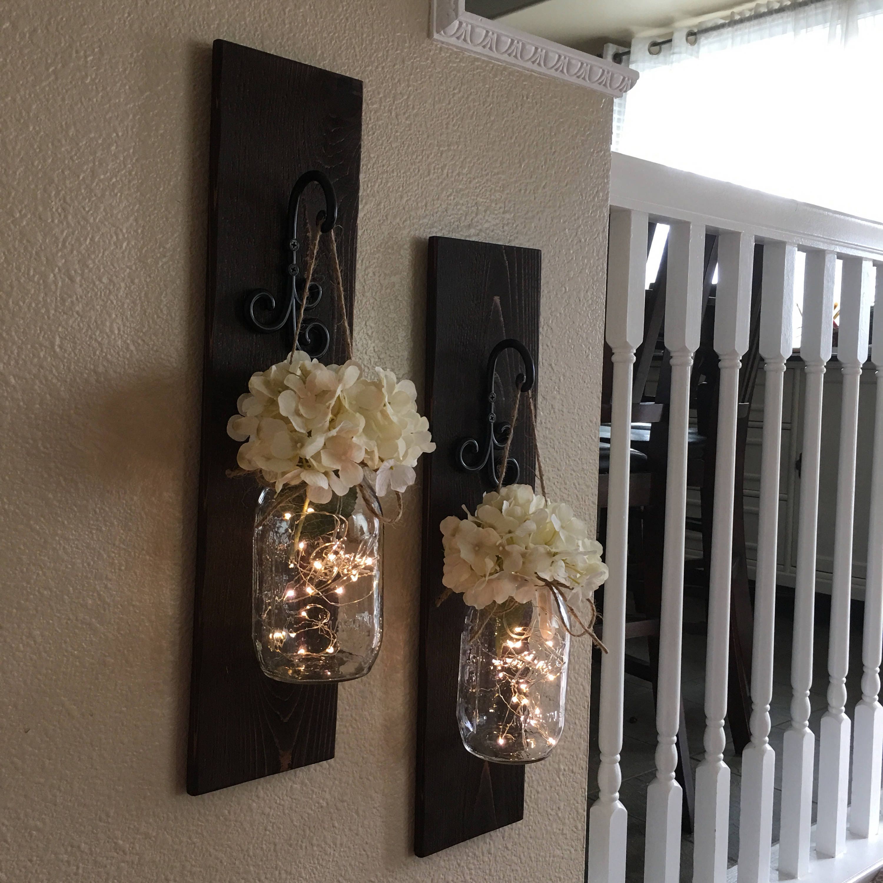 Large Set Of Lighted Mason Jar Sconces, Wall Decor,mason Jar Wall Decor, Distressed Wood Sconce, Lighted Mason Jars, Home Decor