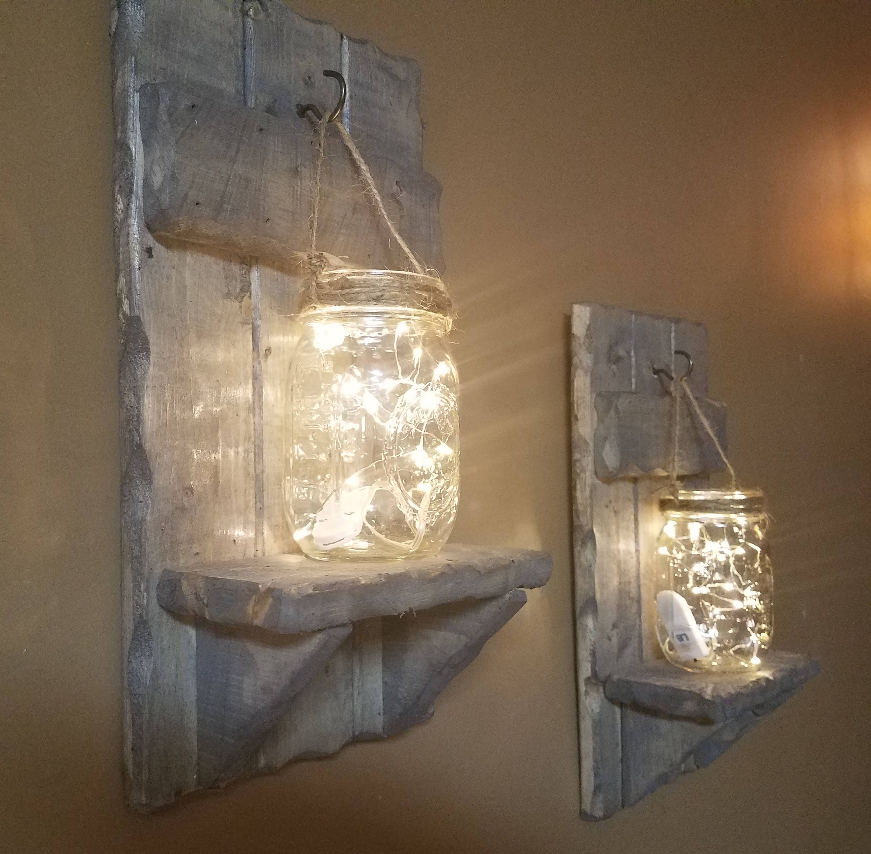 Rustic Decor, Mason Jar Decor, Sconces,  Set Of 2 Sconces, House Warming Gift, Mason Jar With Lights, Firefly Lights,  Farmhouse Decor