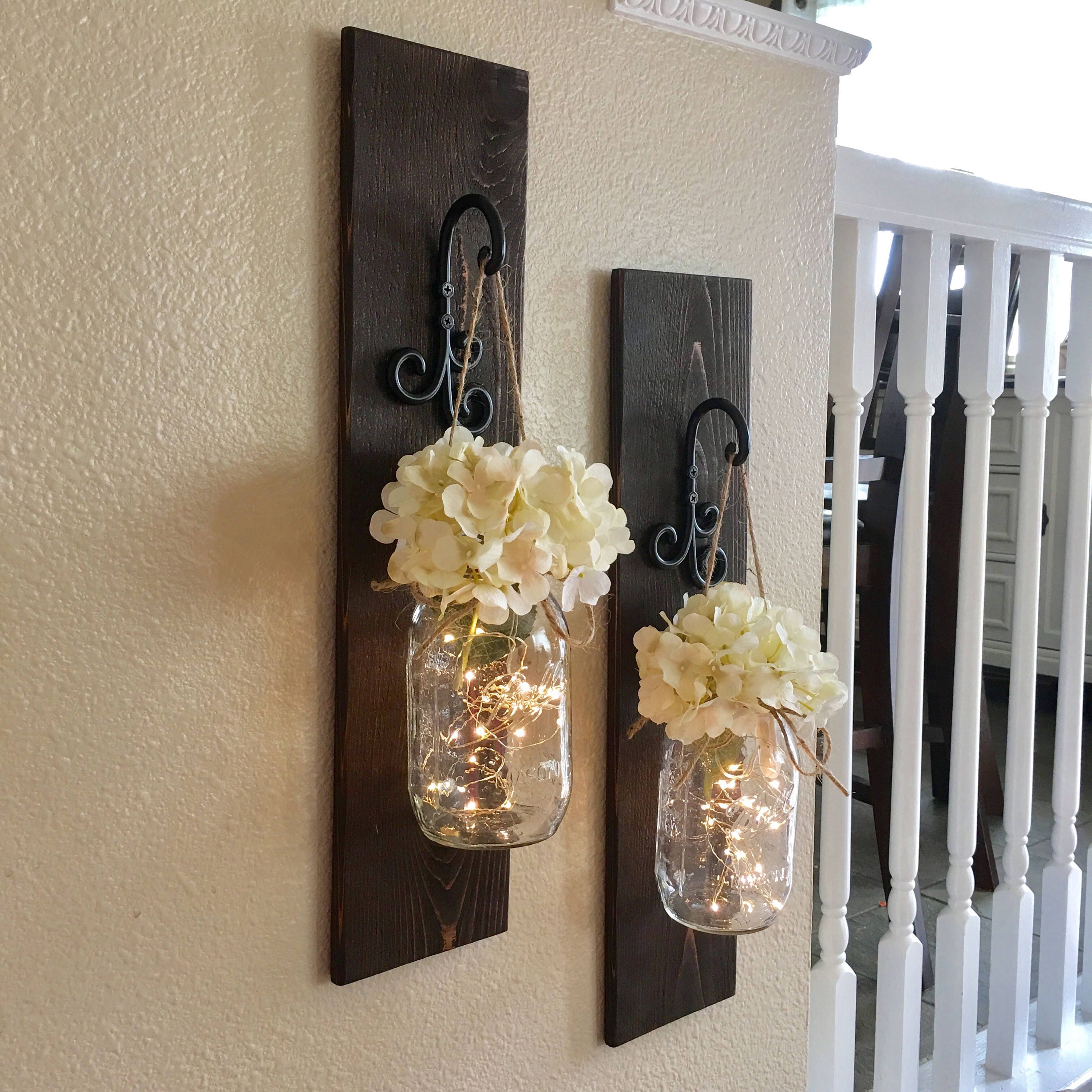 Large Set Of Lighted Mason Jar Sconces, Wall Decor,mason Jar Wall Decor, Distressed Wood Sconce, Lighted Mason Jars, Home Decor