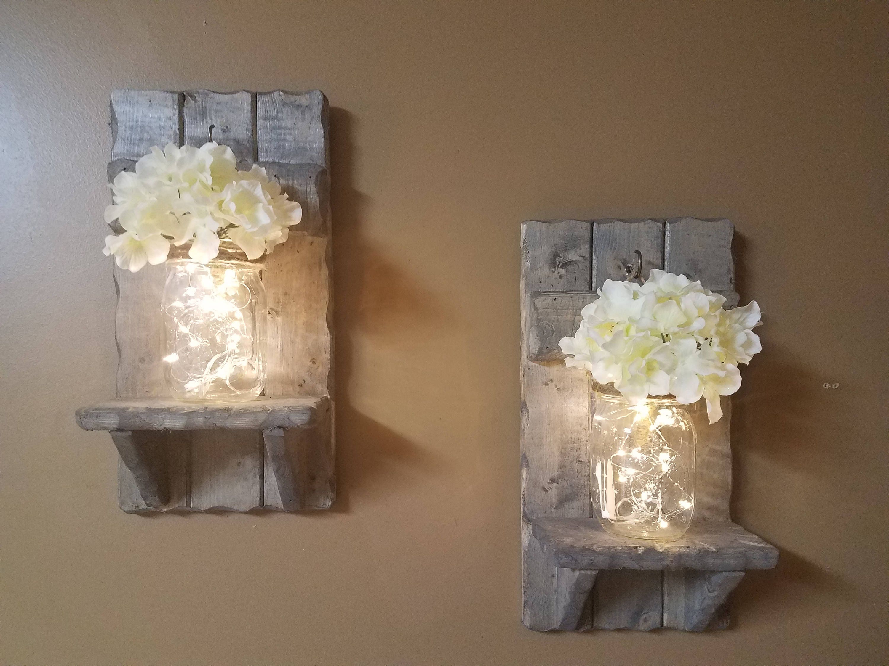 Rustic Decor, Mason Jar Decor, Sconces,  Set Of 2 Sconces, House Warming Gift, Mason Jar With Lights, Firefly Lights,  Farmhouse Decor