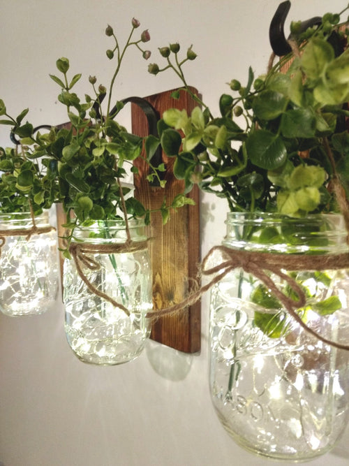 Mason Jar Wall Sconce Set, Rustic Farmhouse Decor, Twine & Fairy Lights
