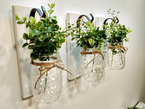 Mason Jar Wall Sconce Set, Rustic Farmhouse Decor, Twine & Fairy Lights