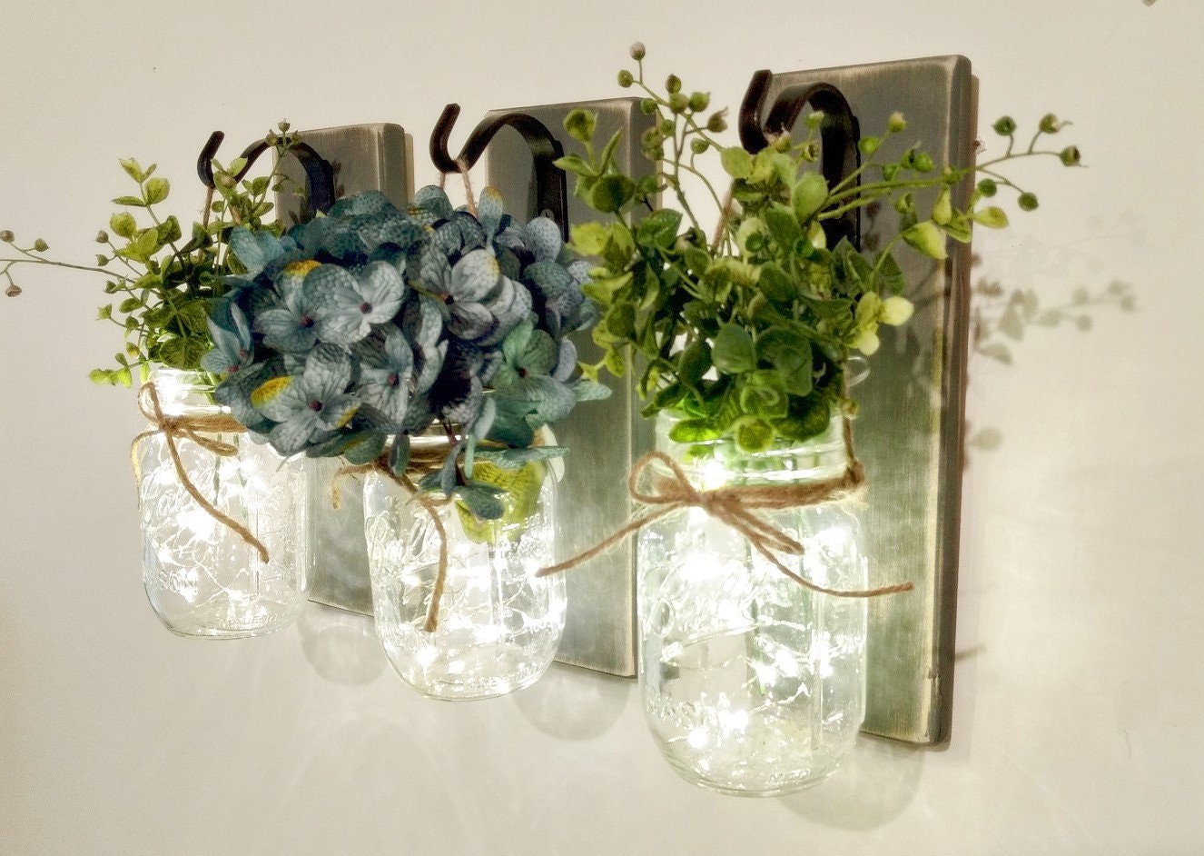 Mason Jar Wall Sconce Set, Rustic Farmhouse Decor, Twine & Fairy Lights