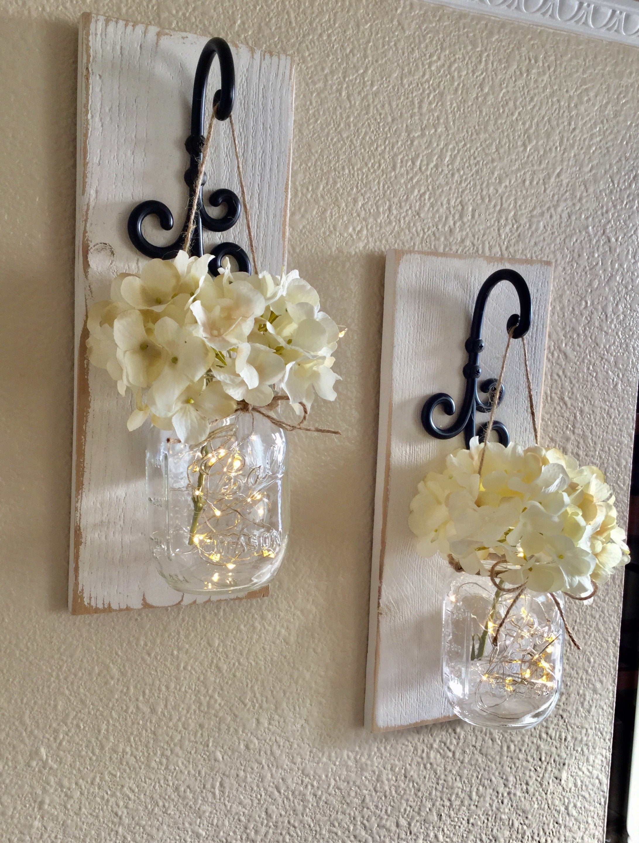 Set Of Mason Jar Wall Sconces, Mason Jar Sconce With Lights, Front Porch Decor, Mason Jar Wall Decor, Country Farmhouse Wall Decor