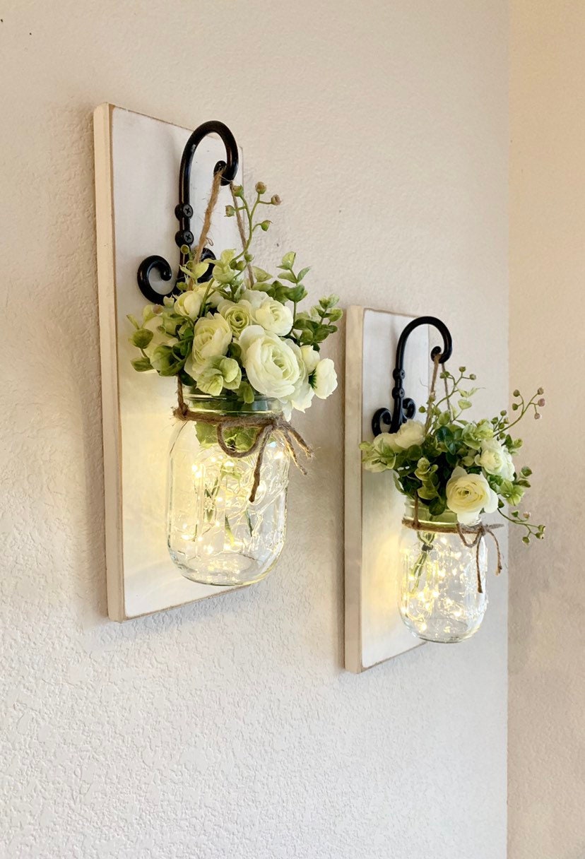 Set Of Mason Jar Wall Sconces, Mason Jar Sconce With Lights, Front Porch Decor, Mason Jar Wall Decor, Country Farmhouse Wall Decor