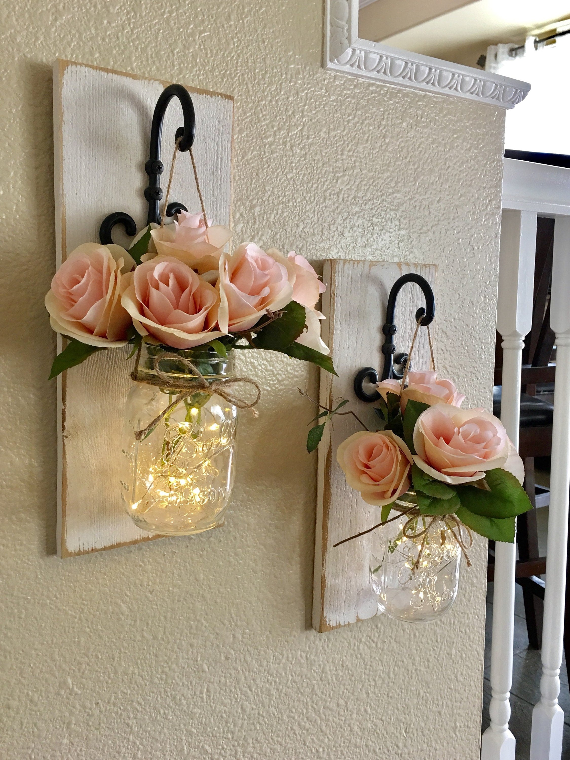 Set Of Mason Jar Wall Sconces, Mason Jar Sconce With Lights, Front Porch Decor, Mason Jar Wall Decor, Country Farmhouse Wall Decor