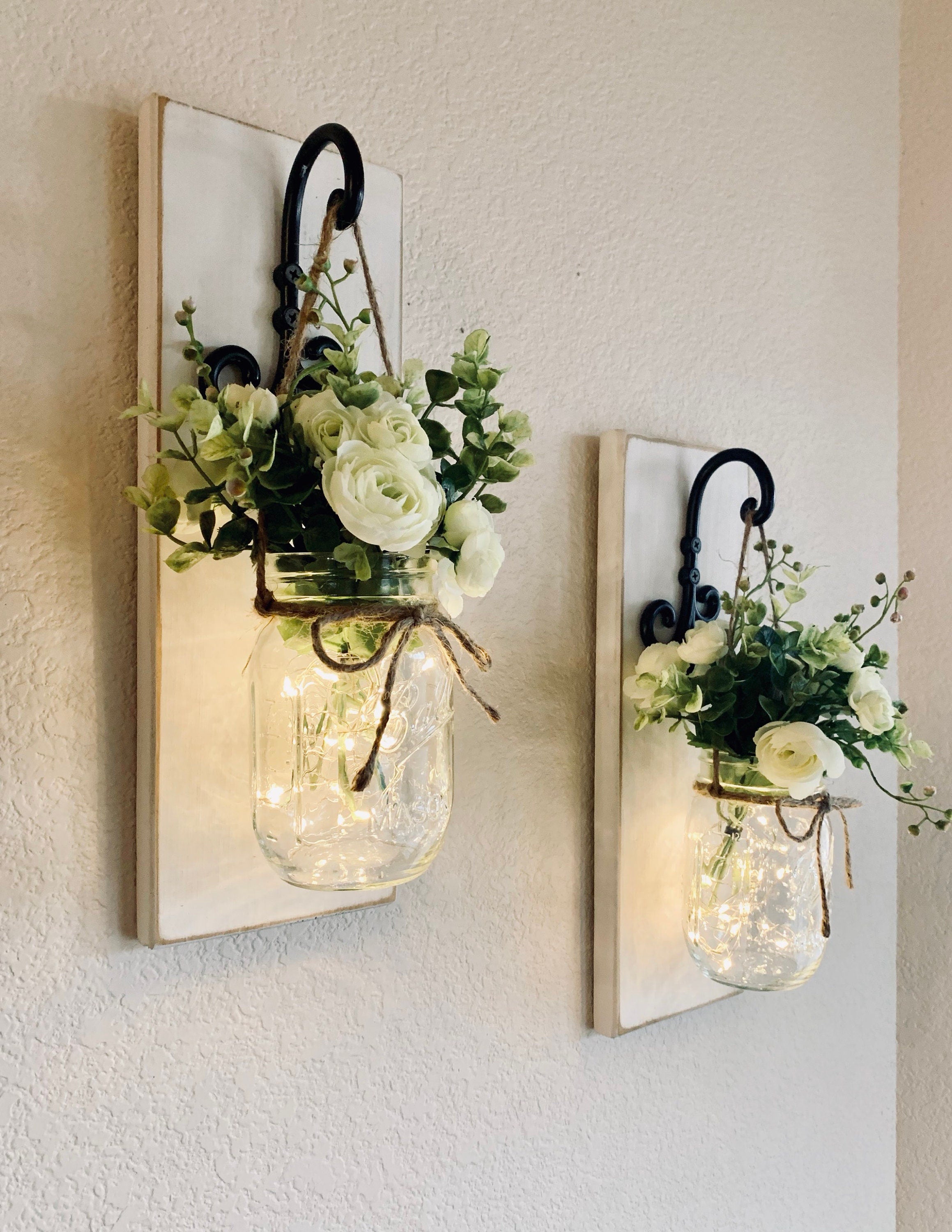 Set Of Mason Jar Wall Sconces, Mason Jar Sconce With Lights, Front Porch Decor, Mason Jar Wall Decor, Country Farmhouse Wall Decor