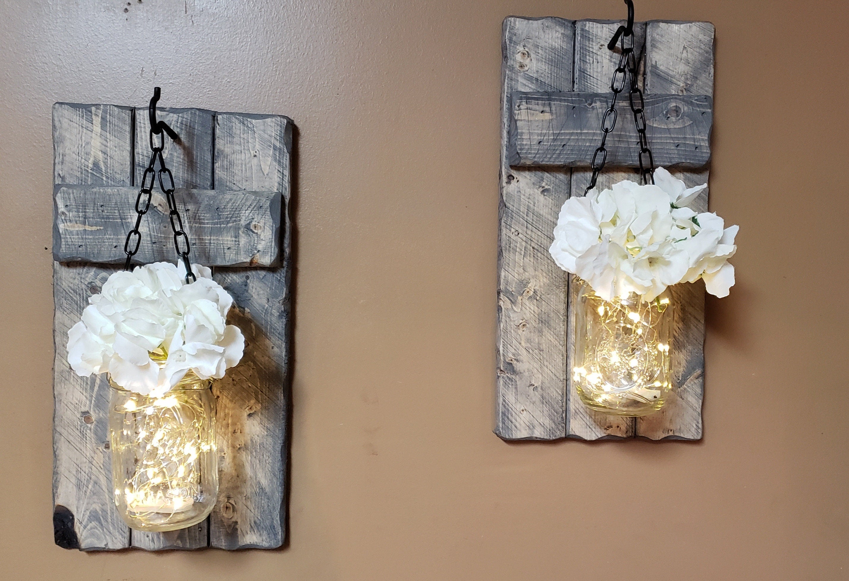 Rustic Home Decor, Farmhouse , Sconces, House Warming Gift, Candle Holders, Lighted  Jars, Gift, Set Of 2,