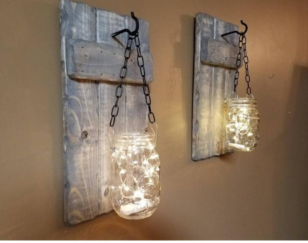 Rustic Home Decor, Farmhouse , Sconces, House Warming Gift, Candle Holders, Lighted  Jars, Gift, Set Of 2,