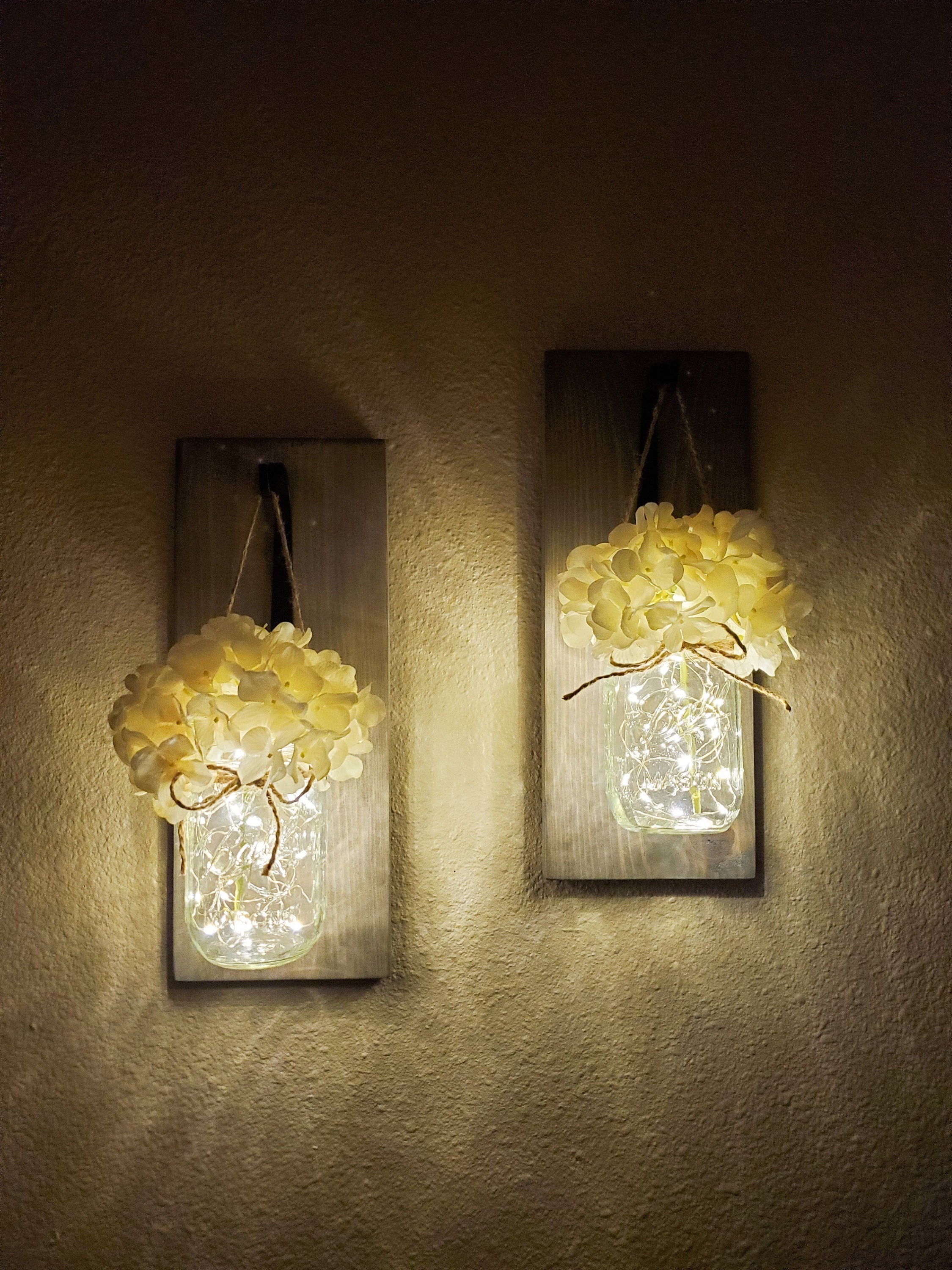 Rustic Mason Jar Sconce Set: Frosted Jars, Led Lights, Wall Decor