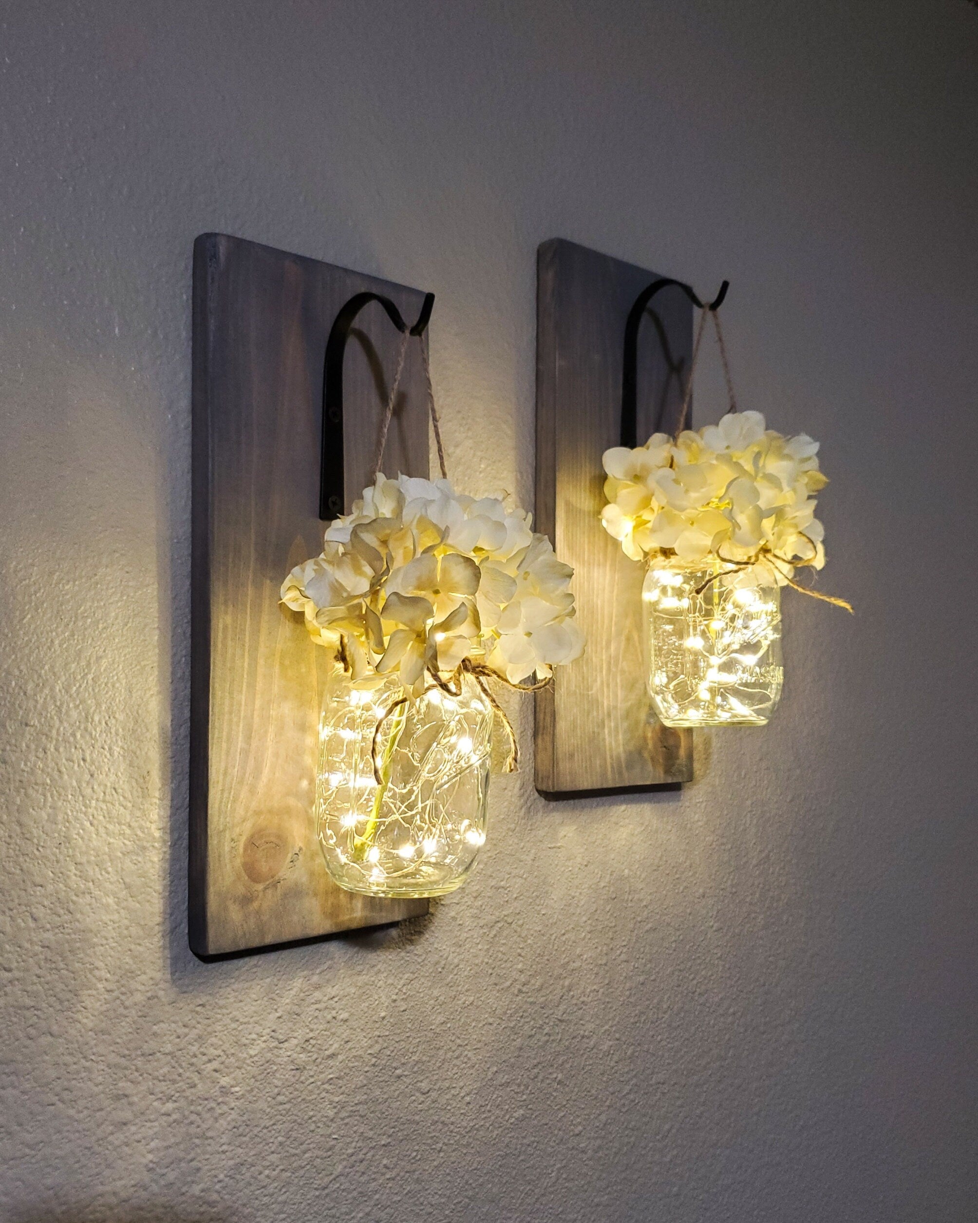 Rustic Mason Jar Sconce Set: Frosted Jars, Led Lights, Wall Decor