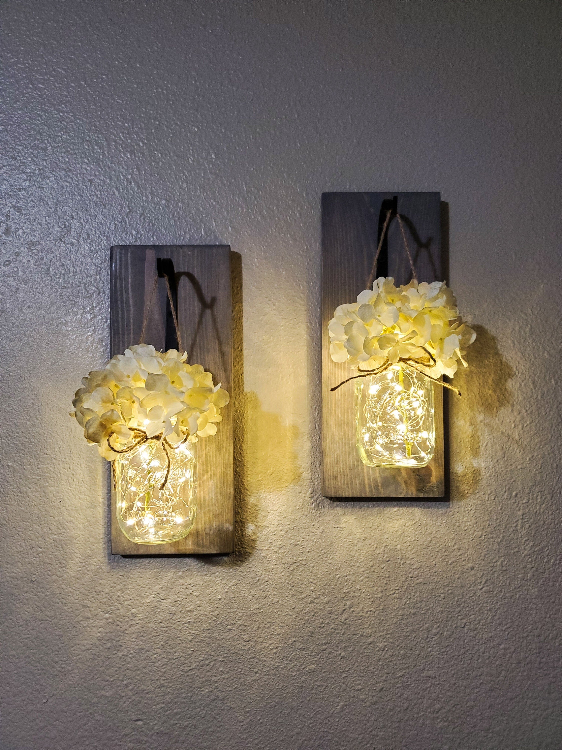 Rustic Mason Jar Sconce Set: Frosted Jars, Led Lights, Wall Decor