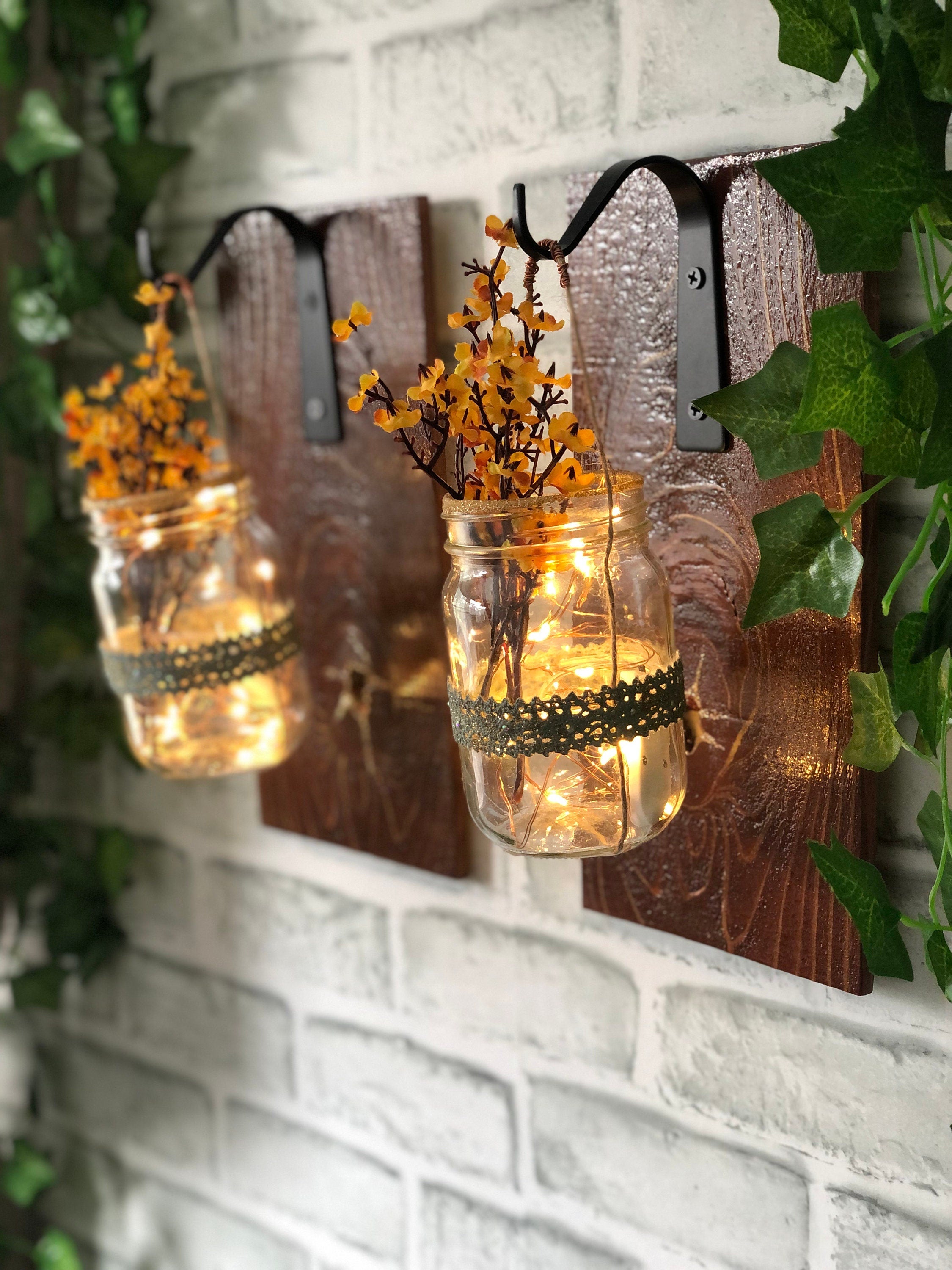 Rustic Wood Wall Sconce Set: Mason Jar Hanging Lanterns