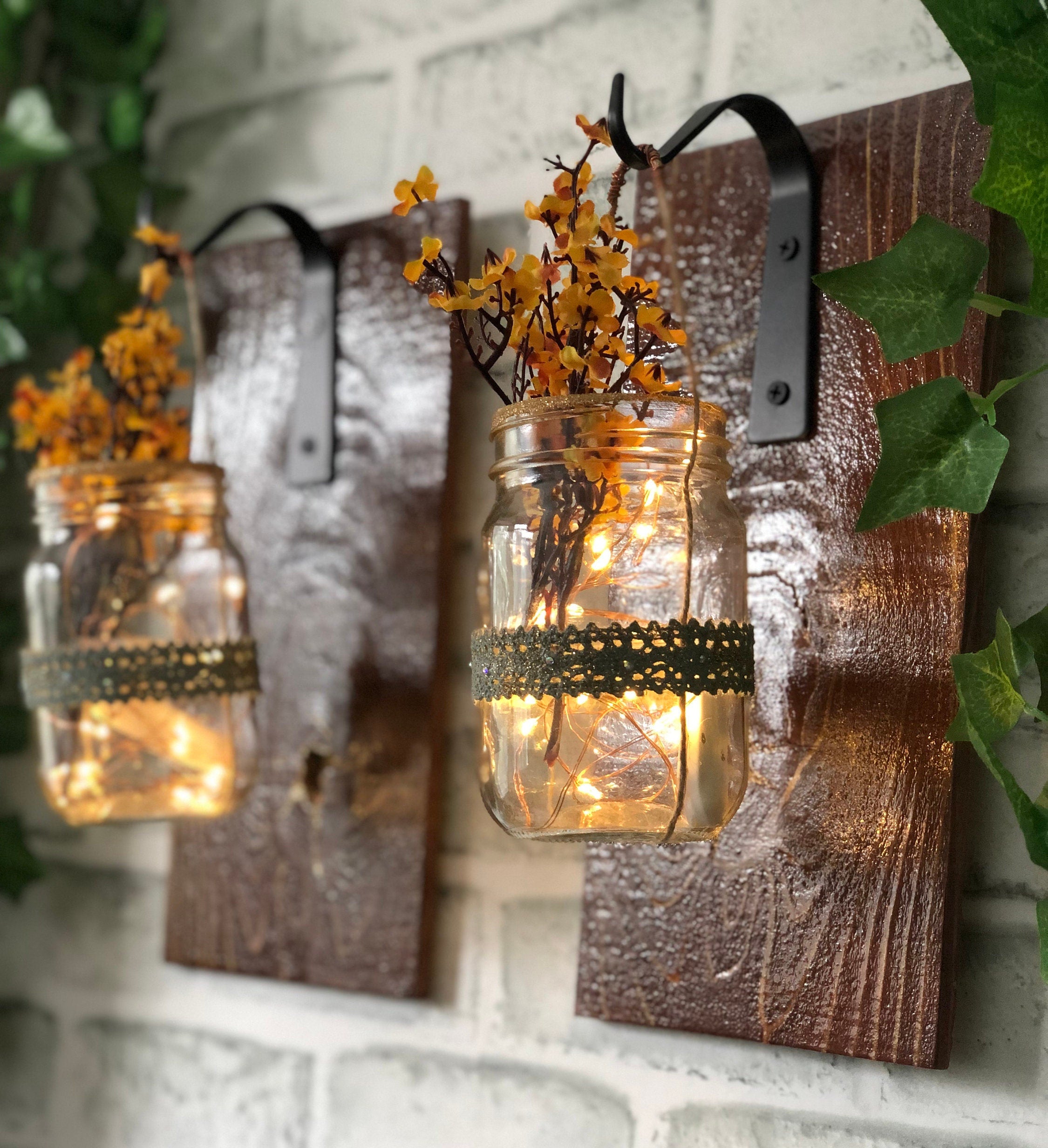 Rustic Wood Wall Sconce Set: Mason Jar Hanging Lanterns