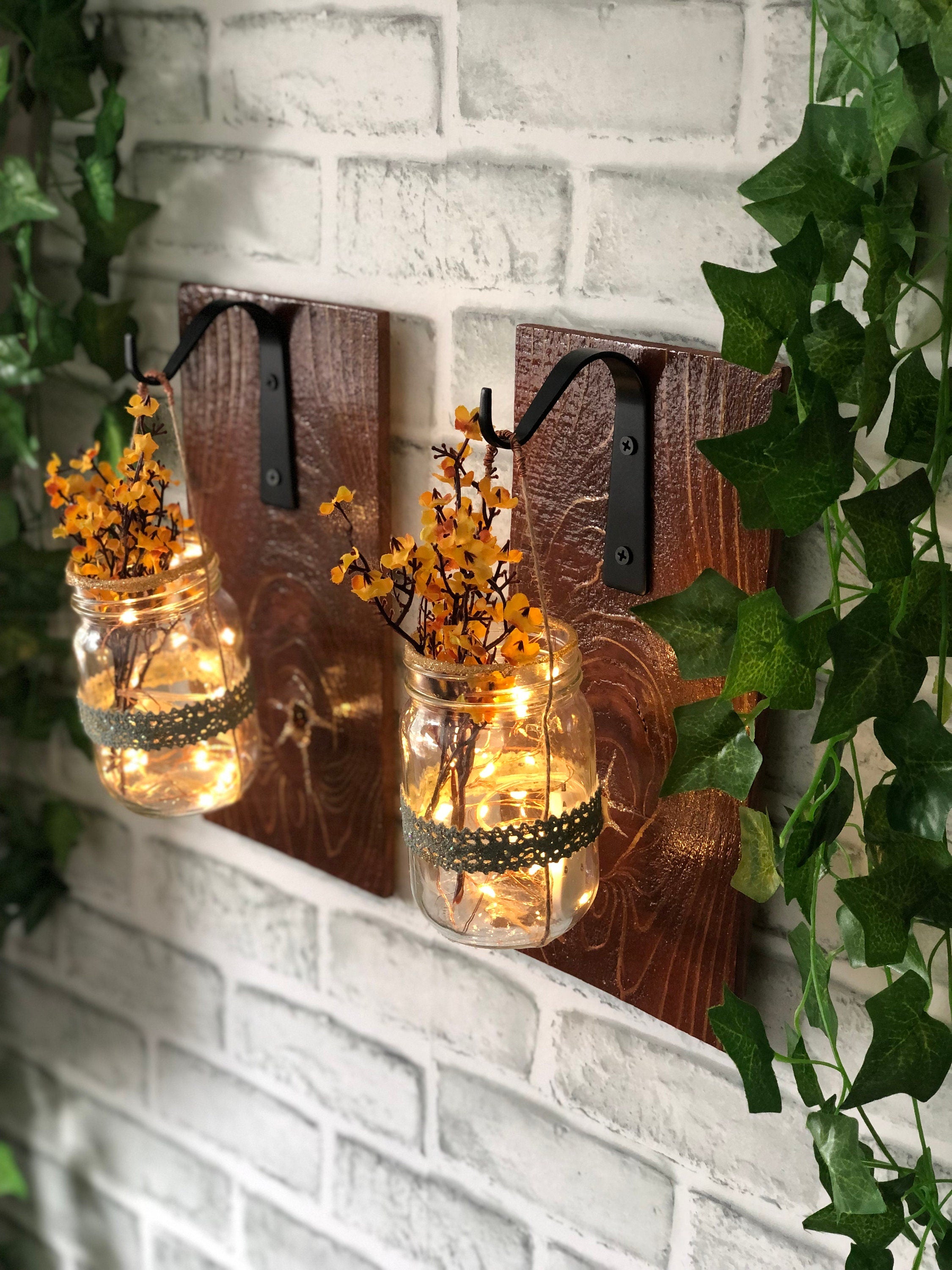 Rustic Wood Wall Sconce Set: Mason Jar Hanging Lanterns