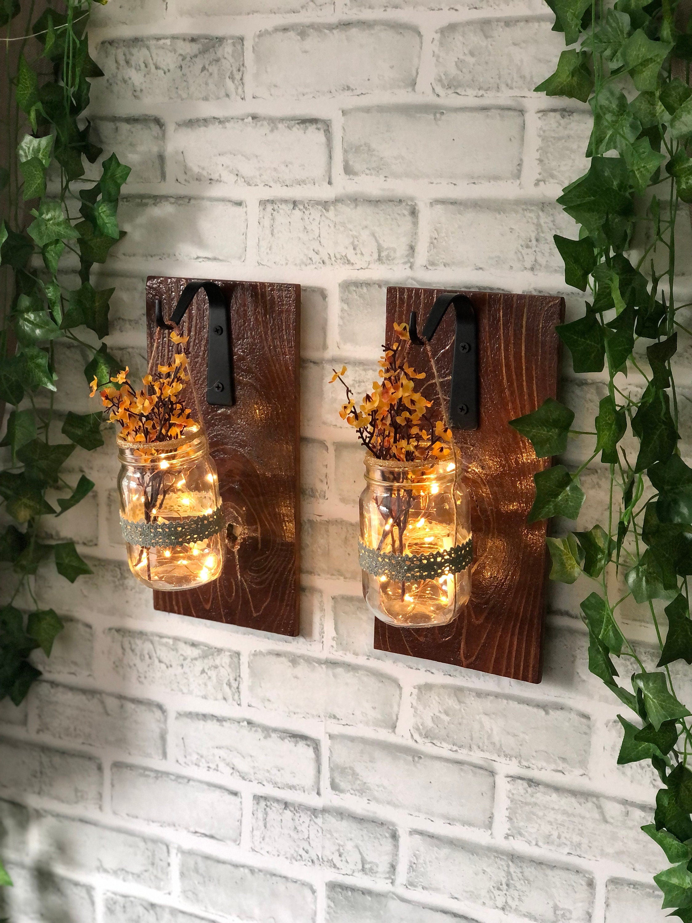 Rustic Wood Wall Sconce Set: Mason Jar Hanging Lanterns