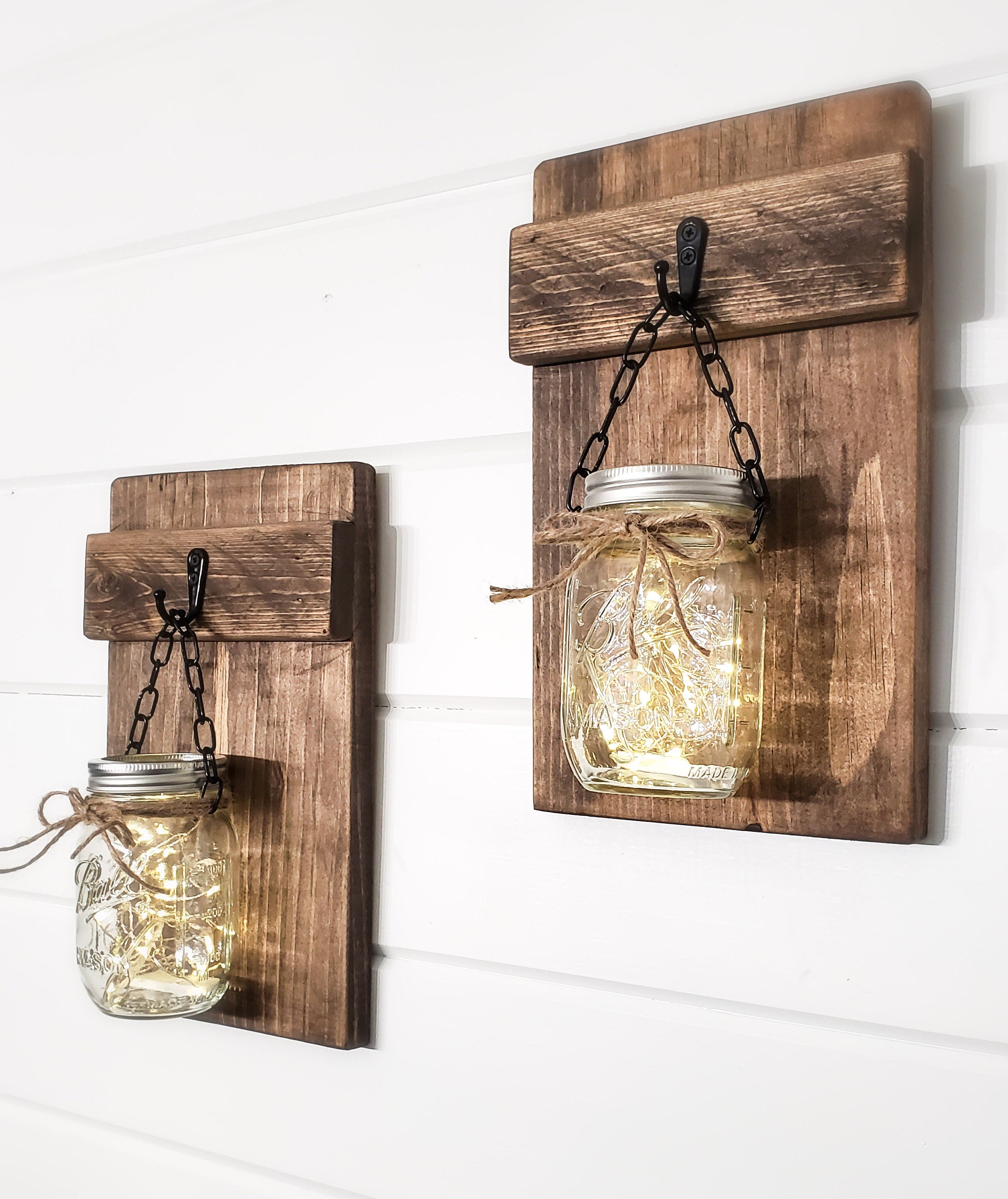 Set Of 2 Rustic Wood Wall Sconces With Clear Jars & Lights, Farmhouse Wood Wall Sconce, Clear Lit Hanging Mason Jar, Country Home/wall Decor
