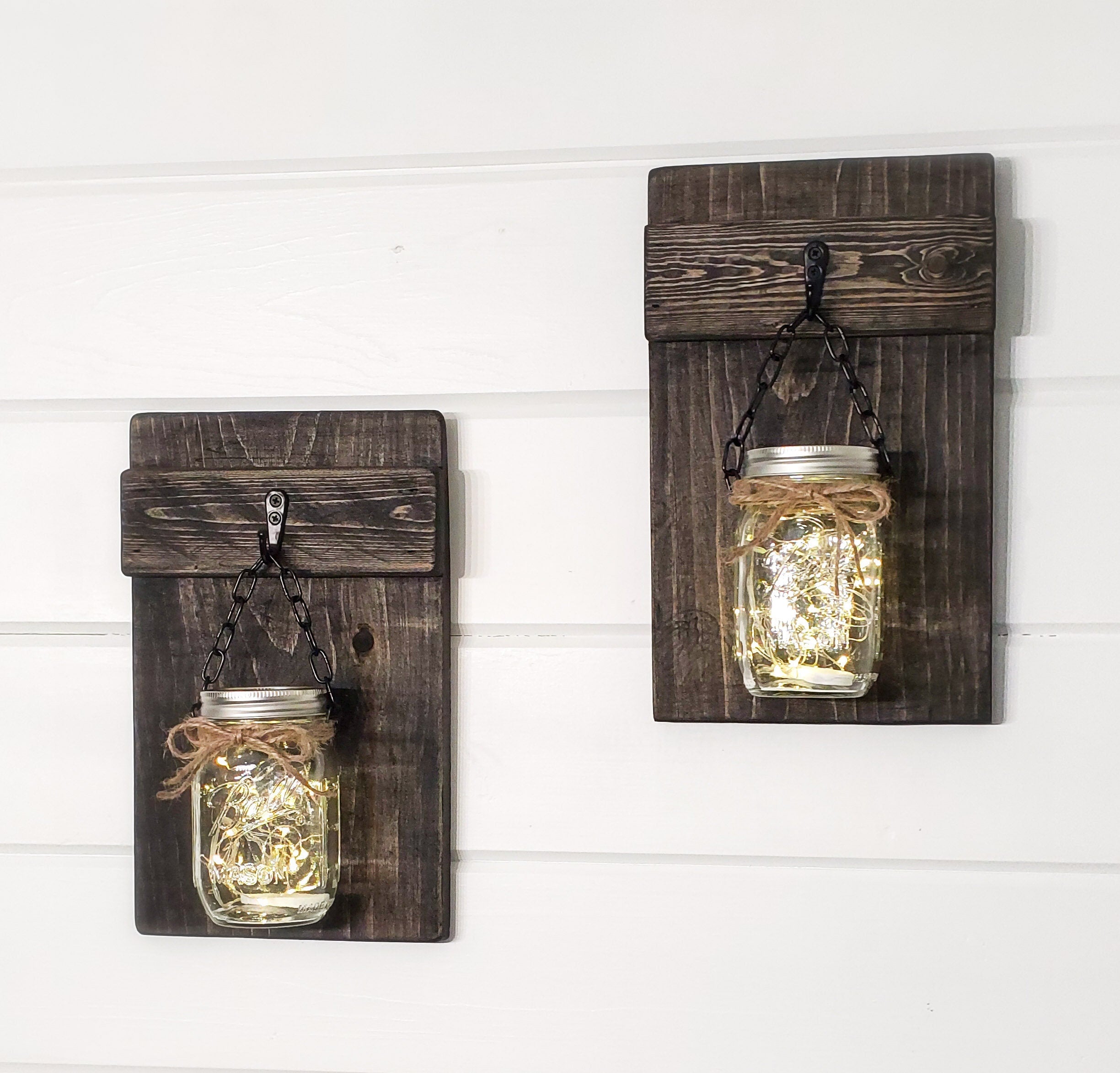Set Of 2 Rustic Wood Wall Sconces With Clear Jars & Lights, Farmhouse Wood Wall Sconce, Clear Lit Hanging Mason Jar, Country Home/wall Decor