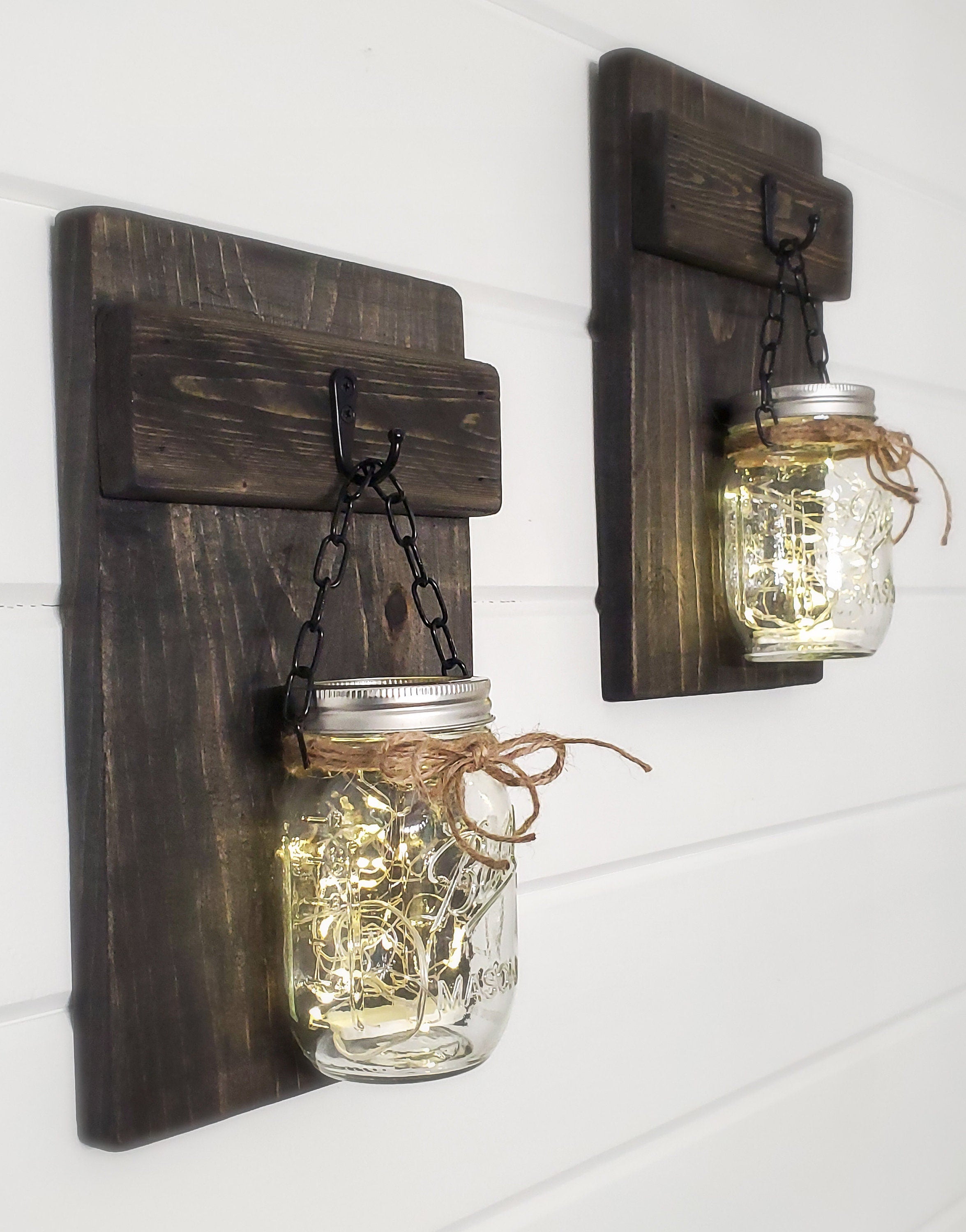 Set Of 2 Rustic Wood Wall Sconces With Clear Jars & Lights, Farmhouse Wood Wall Sconce, Clear Lit Hanging Mason Jar, Country Home/wall Decor