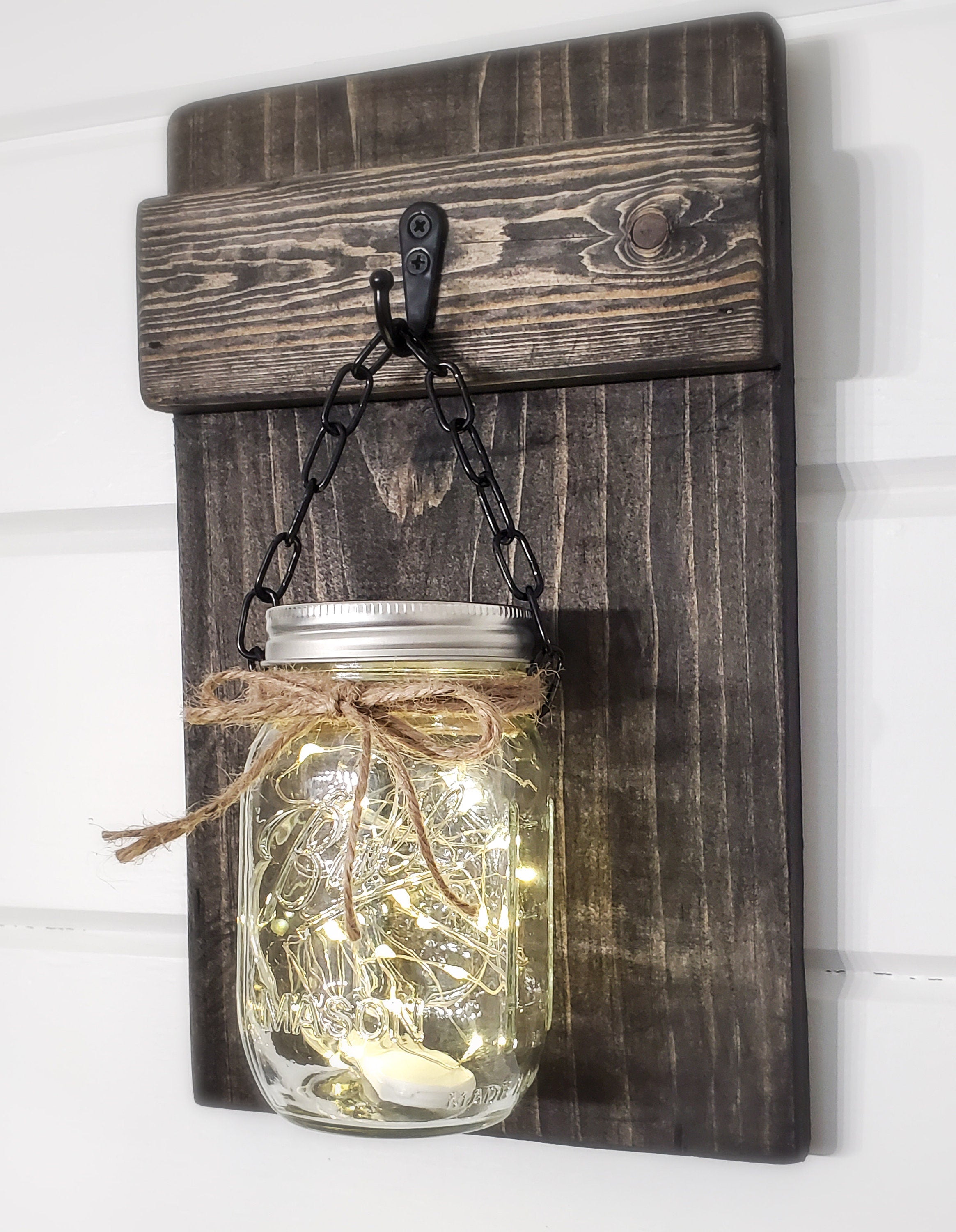 Set Of 2 Rustic Wood Wall Sconces With Clear Jars & Lights, Farmhouse Wood Wall Sconce, Clear Lit Hanging Mason Jar, Country Home/wall Decor