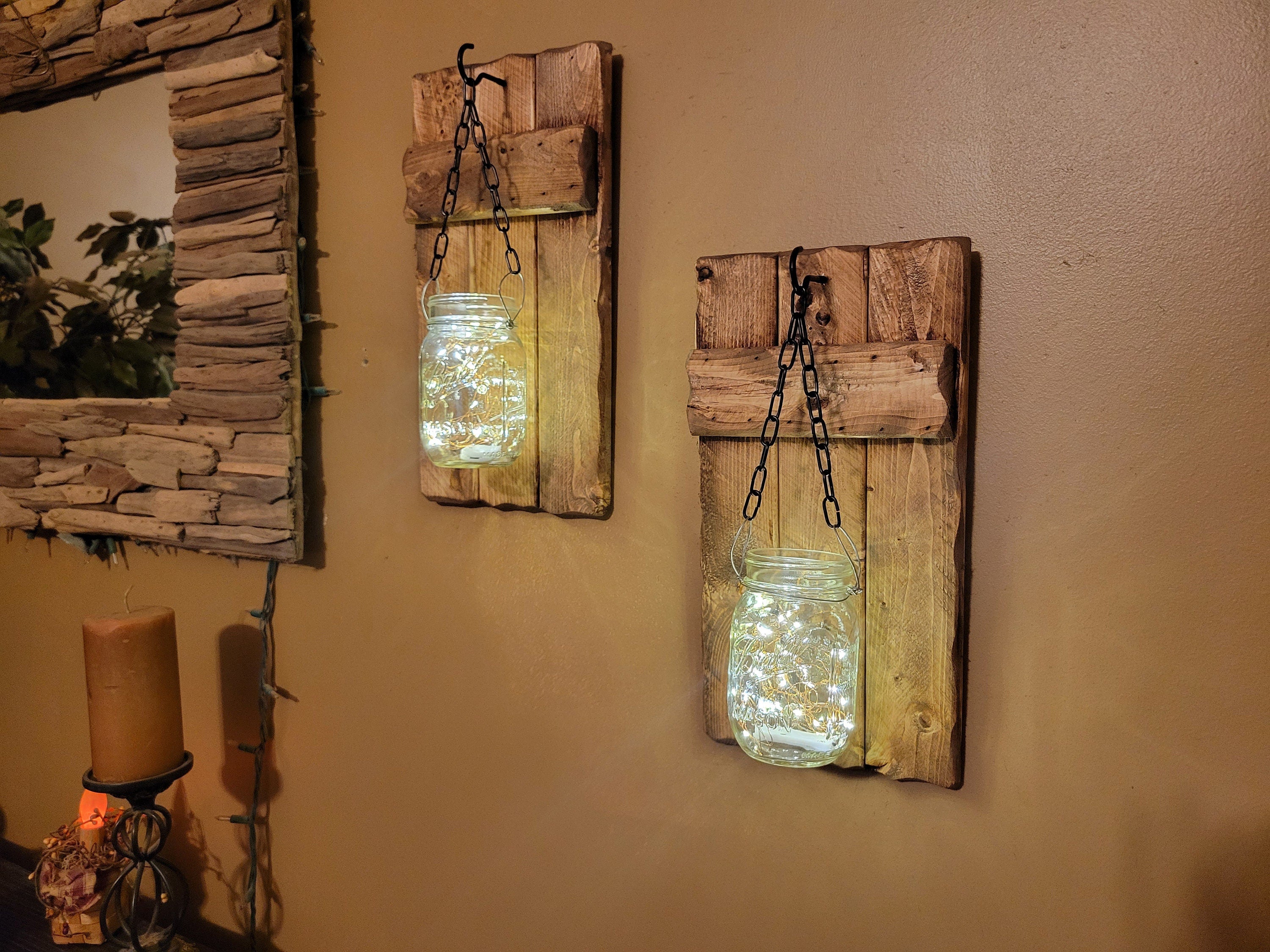 Rustic Home Decor, Candle Holders, Farmhouse Sconces, Country Home Decor,  Farmhouse Decor,  Firefly Lights, Gift, Rustic Sconces Set Of 2.