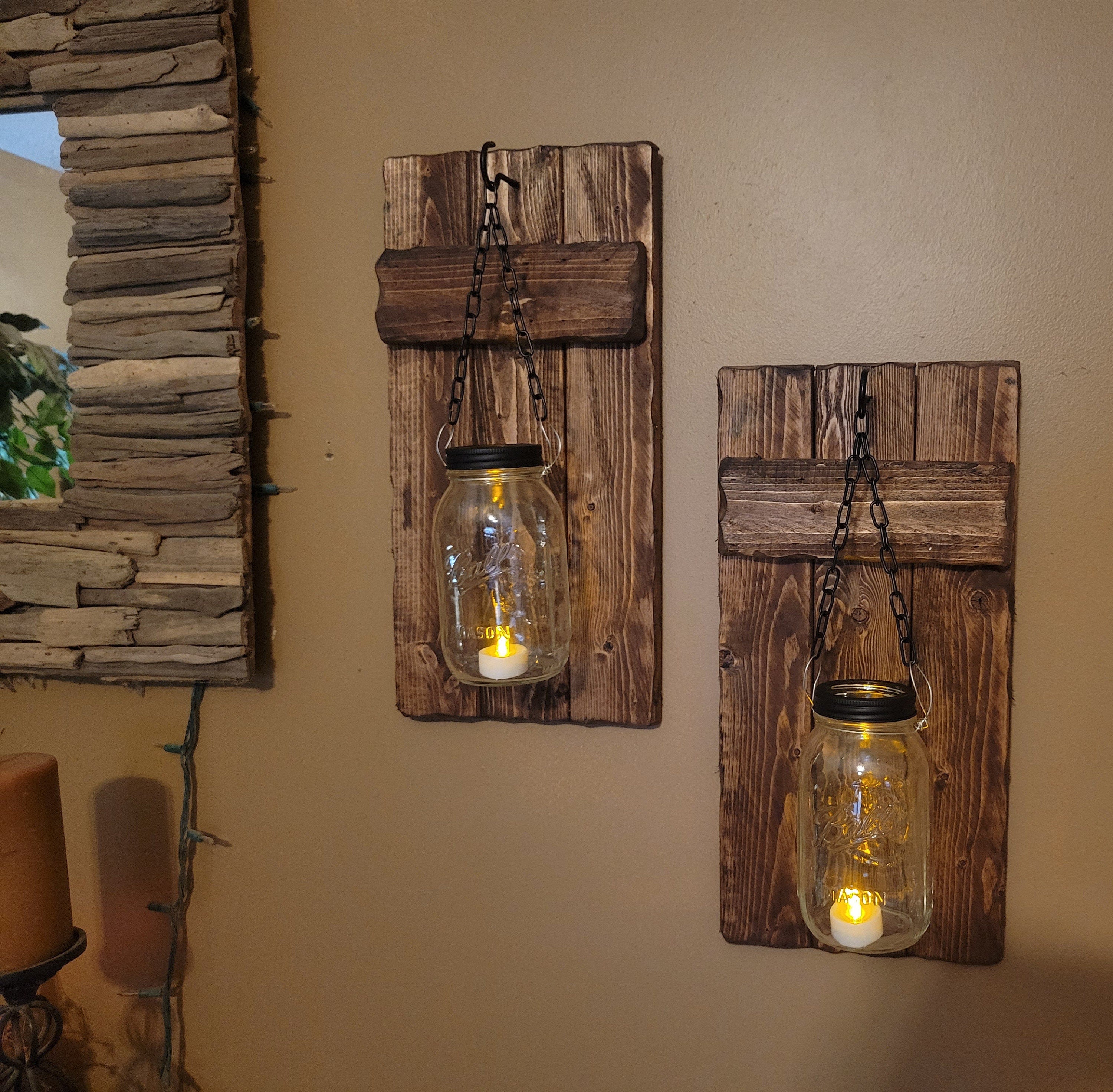Rustic  Home Decor, Candle Holders, Set Of 2  Quart Mason Jar Sconces, Rustic Mason Jar Wood Candle,  Farmhouse Decor, Set 9 X 18