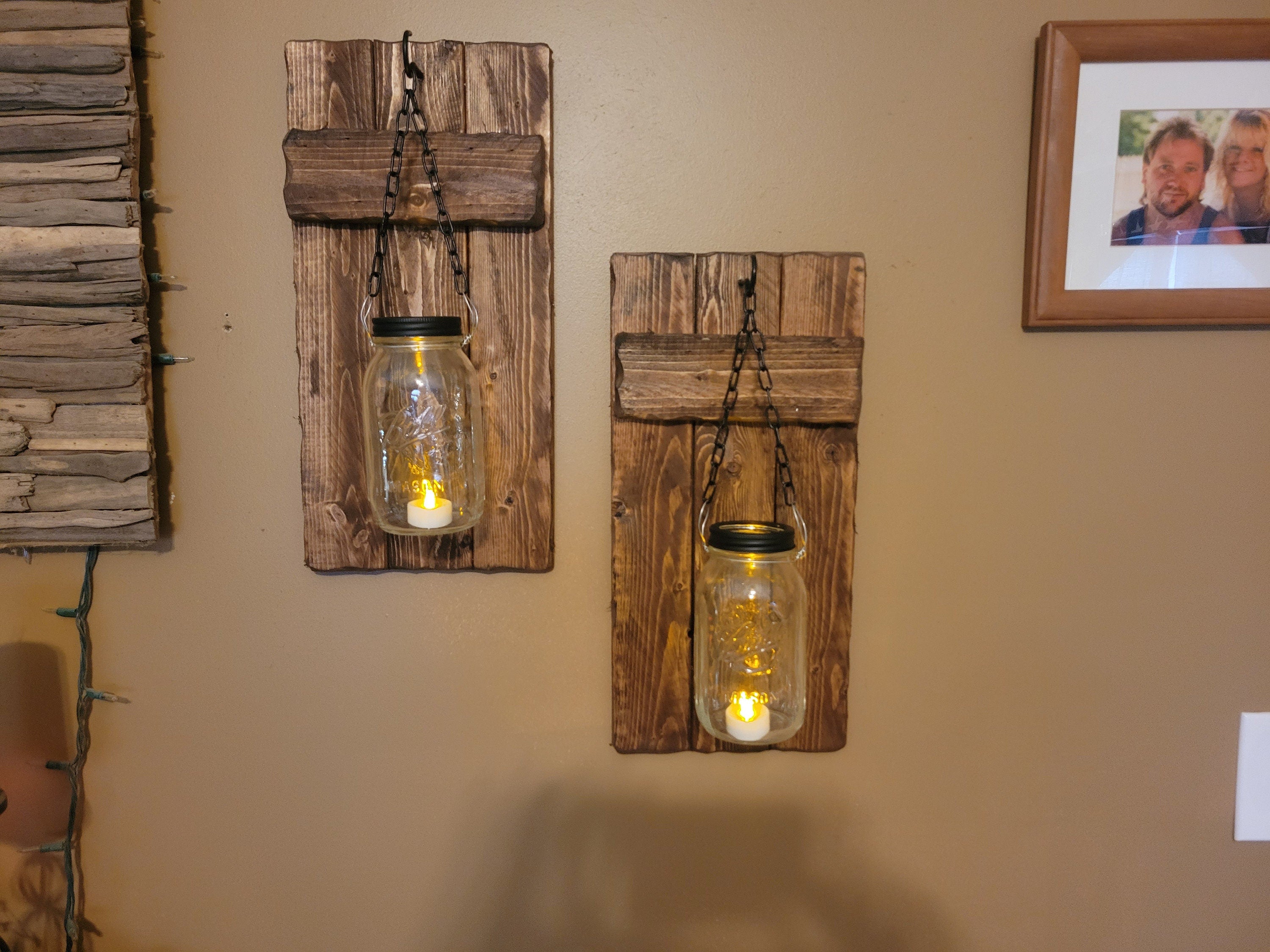 Rustic  Home Decor, Candle Holders, Set Of 2  Quart Mason Jar Sconces, Rustic Mason Jar Wood Candle,  Farmhouse Decor, Set 9 X 18