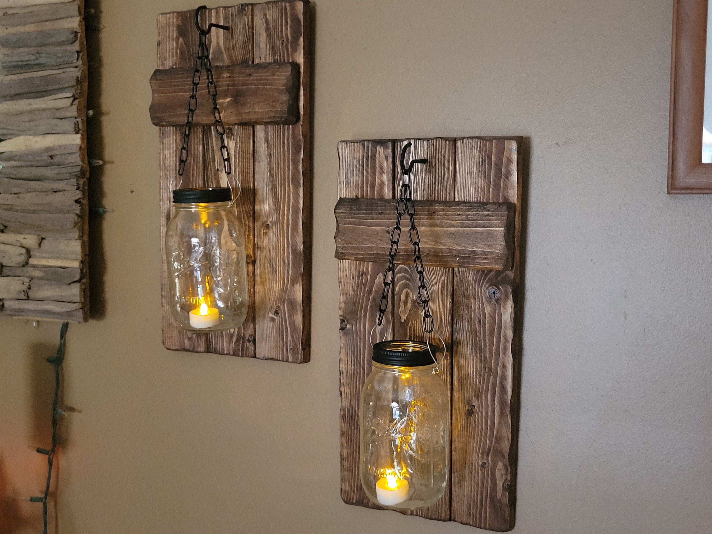 Rustic  Home Decor, Candle Holders, Set Of 2  Quart Mason Jar Sconces, Rustic Mason Jar Wood Candle,  Farmhouse Decor, Set 9 X 18
