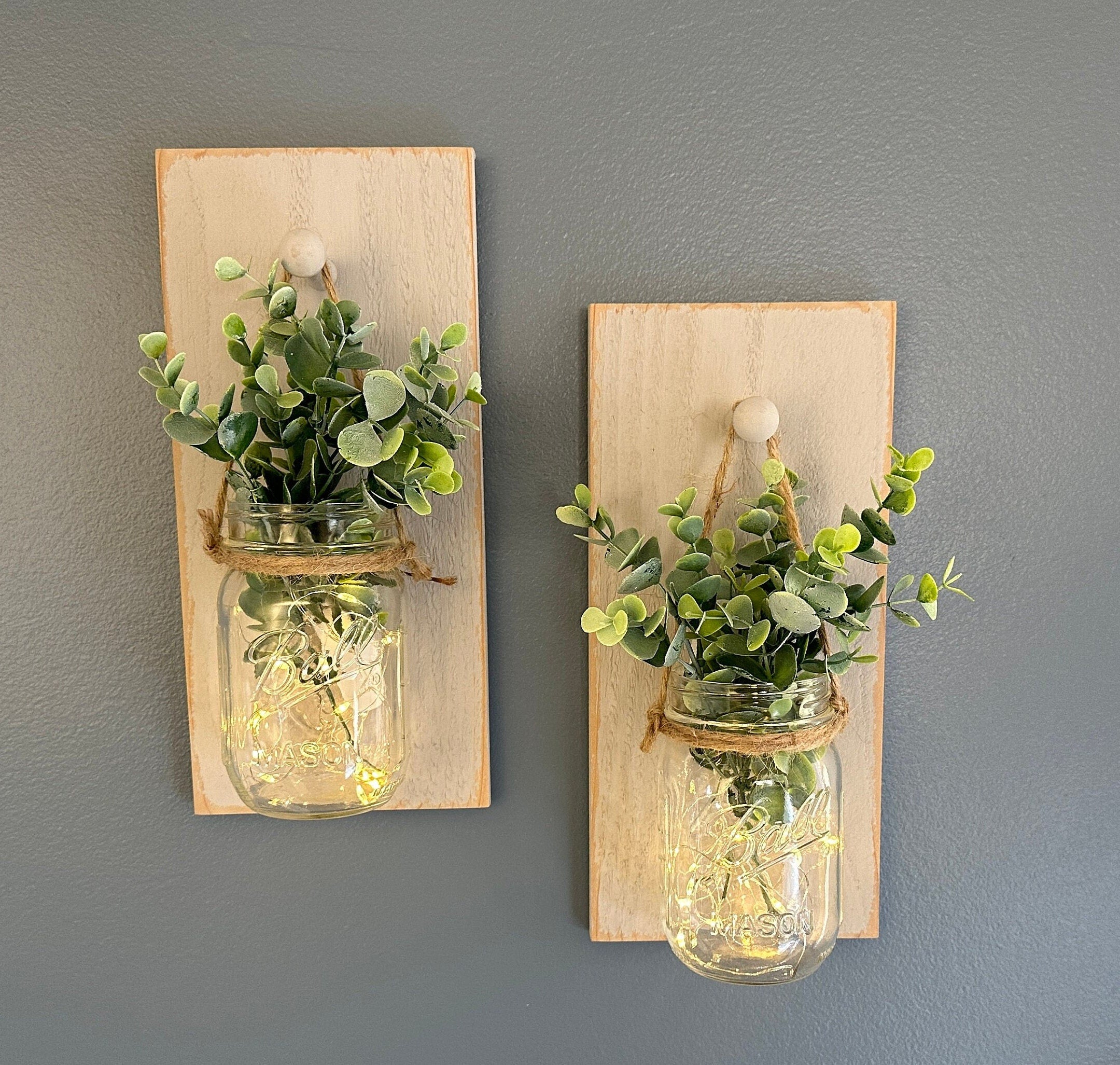 Farmhouse Mason Jar Sconces: Lighted Cedar Wood Wall Decor (set Of 2)