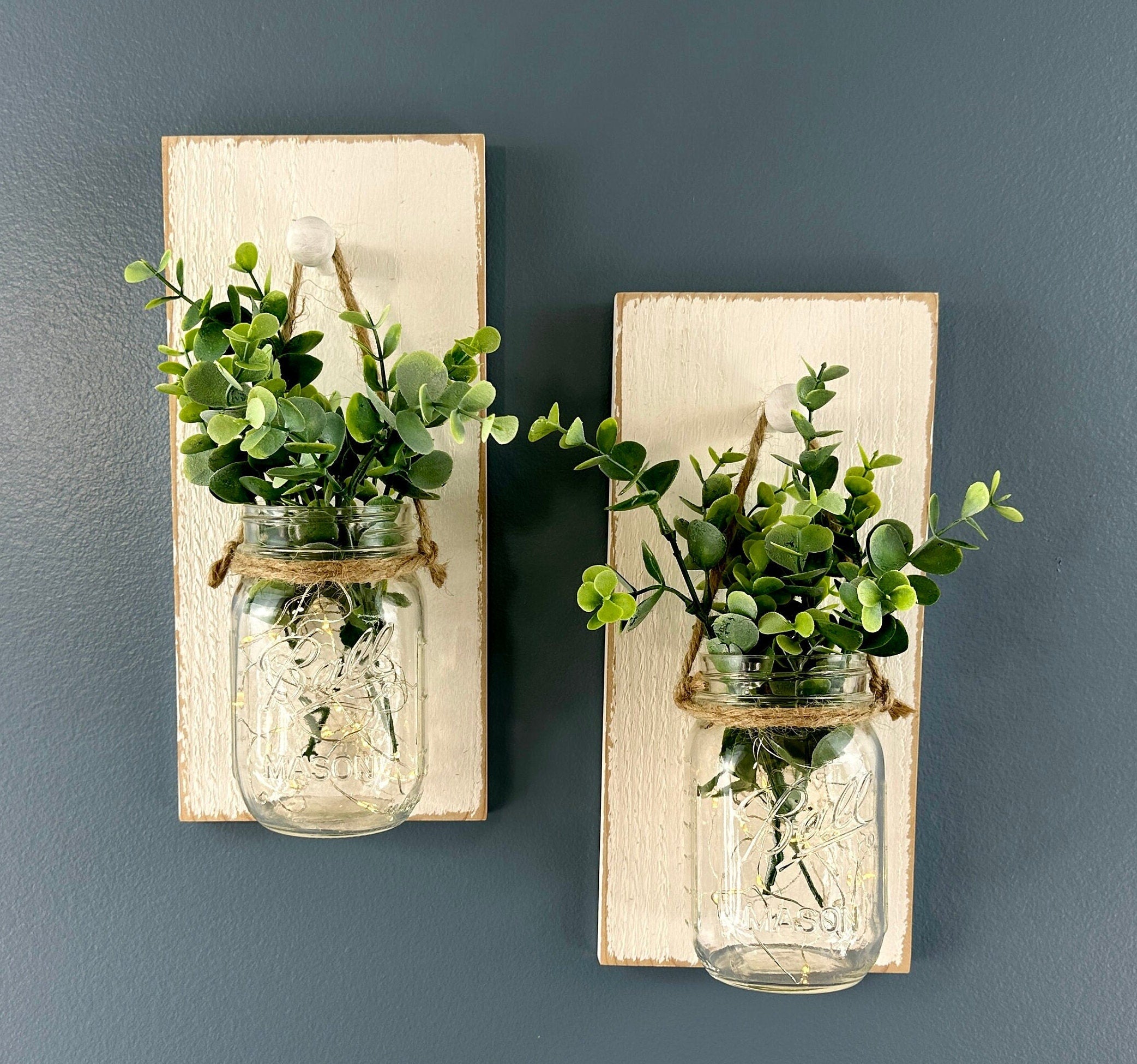 Farmhouse Mason Jar Sconces: Lighted Cedar Wood Wall Decor (set Of 2)