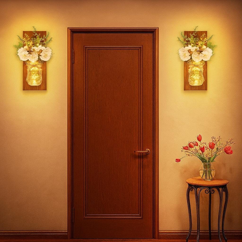 Rustic Mason Jar Wall Sconces With Led Fairy Lights & White Peony, Farmhouse Wall Decor