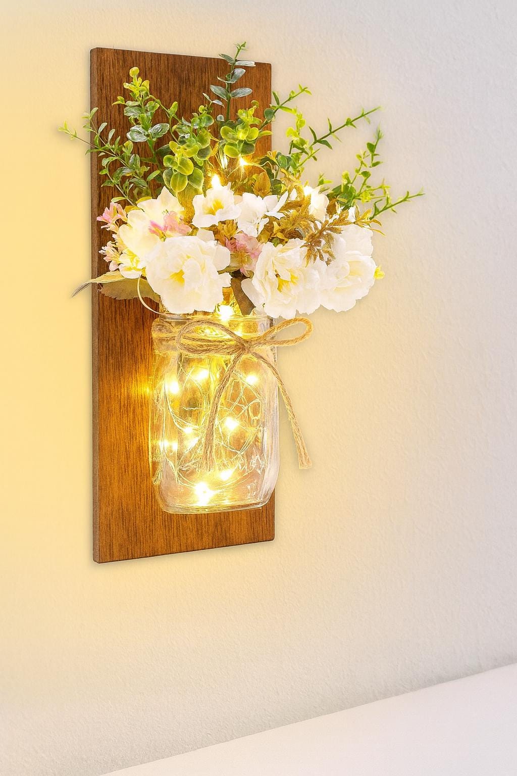 Rustic Mason Jar Wall Sconces With Led Fairy Lights & White Peony, Farmhouse Wall Decor