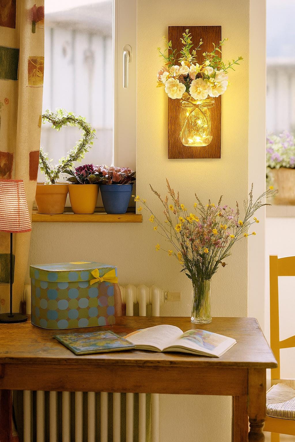 Rustic Mason Jar Wall Sconces With Led Fairy Lights & White Peony, Farmhouse Wall Decor