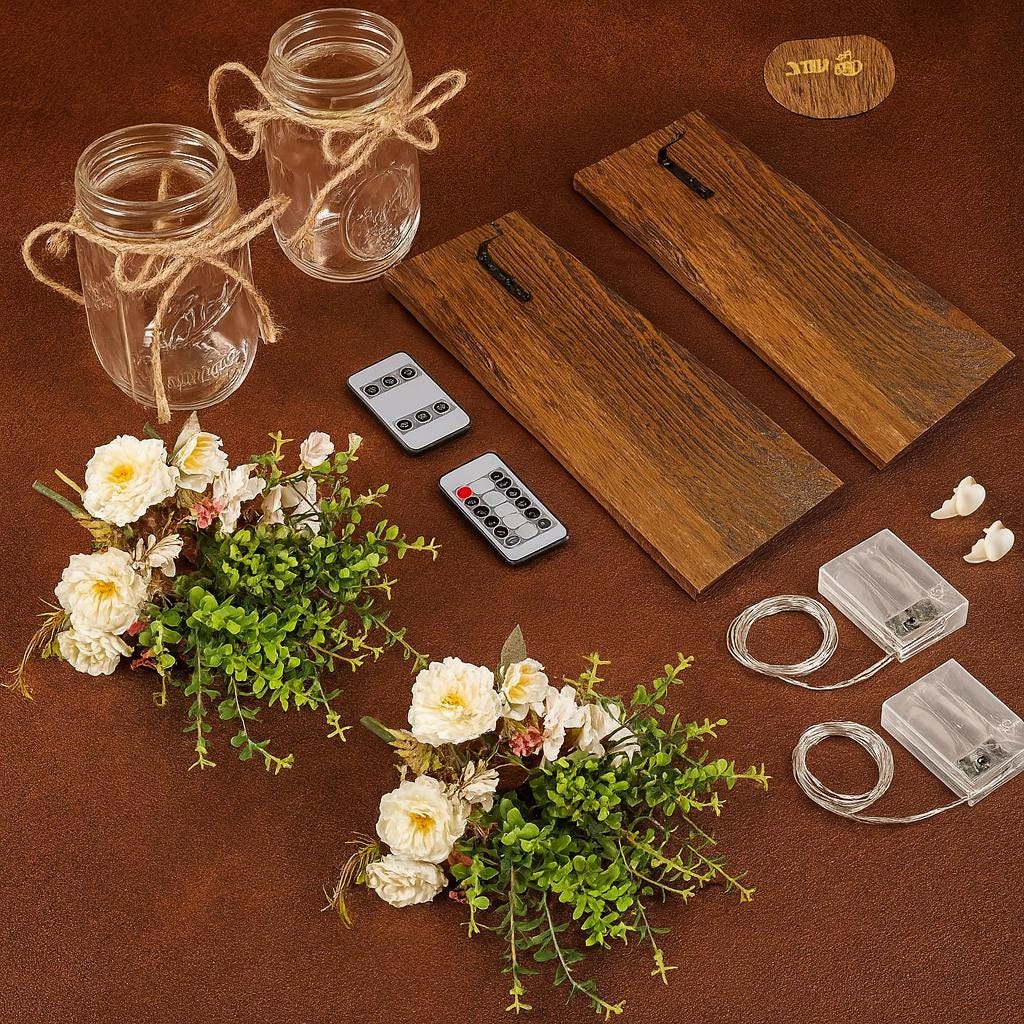 Rustic Mason Jar Wall Sconces With Led Fairy Lights & White Peony, Farmhouse Wall Decor