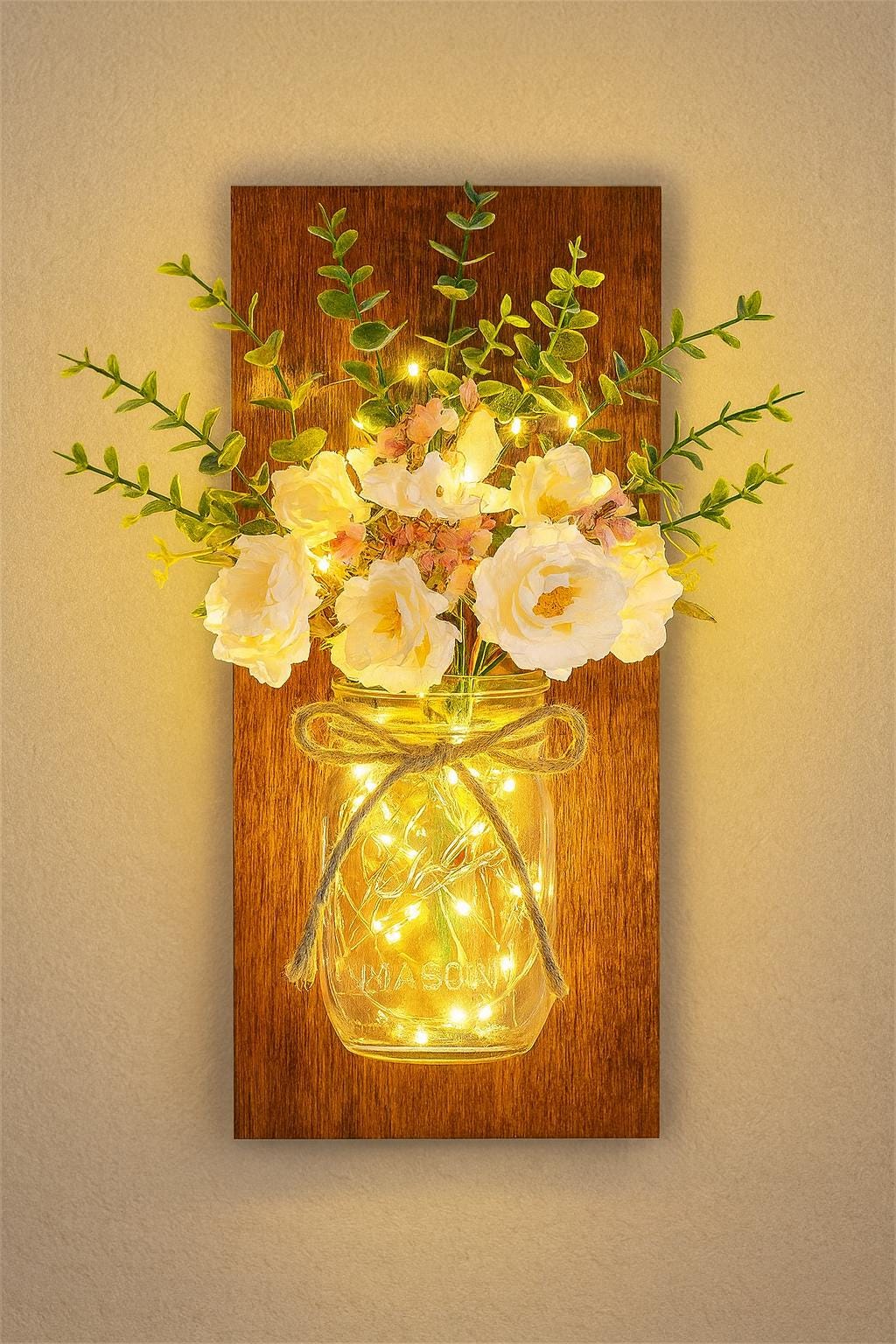 Rustic Mason Jar Wall Sconces With Led Fairy Lights & White Peony, Farmhouse Wall Decor
