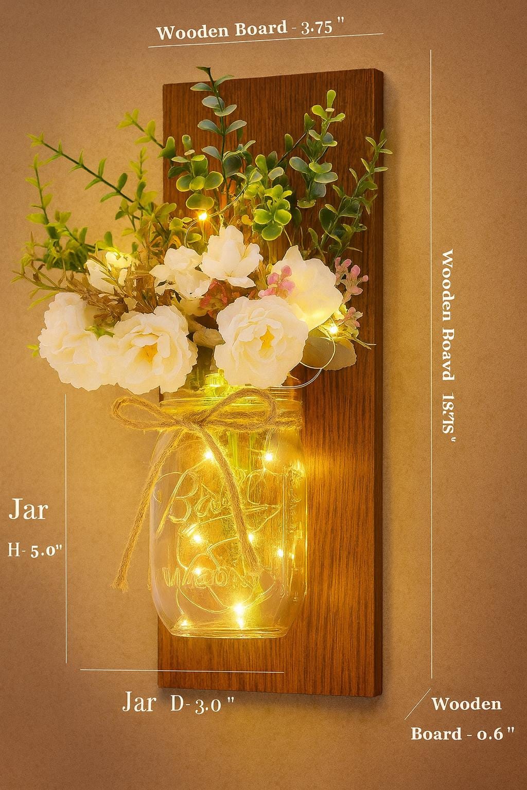 Rustic Mason Jar Wall Sconces With Led Fairy Lights & White Peony, Farmhouse Wall Decor