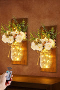 Rustic Mason Jar Wall Sconces With Led Fairy Lights & White Peony, Farmhouse Wall Decor