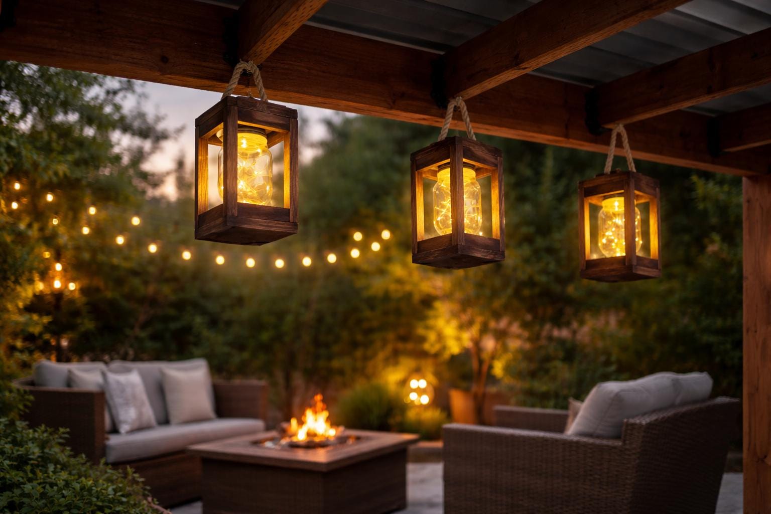 Rustic Wood Lantern Set | Mason Jar Fairy Lights, Farmhouse Decor