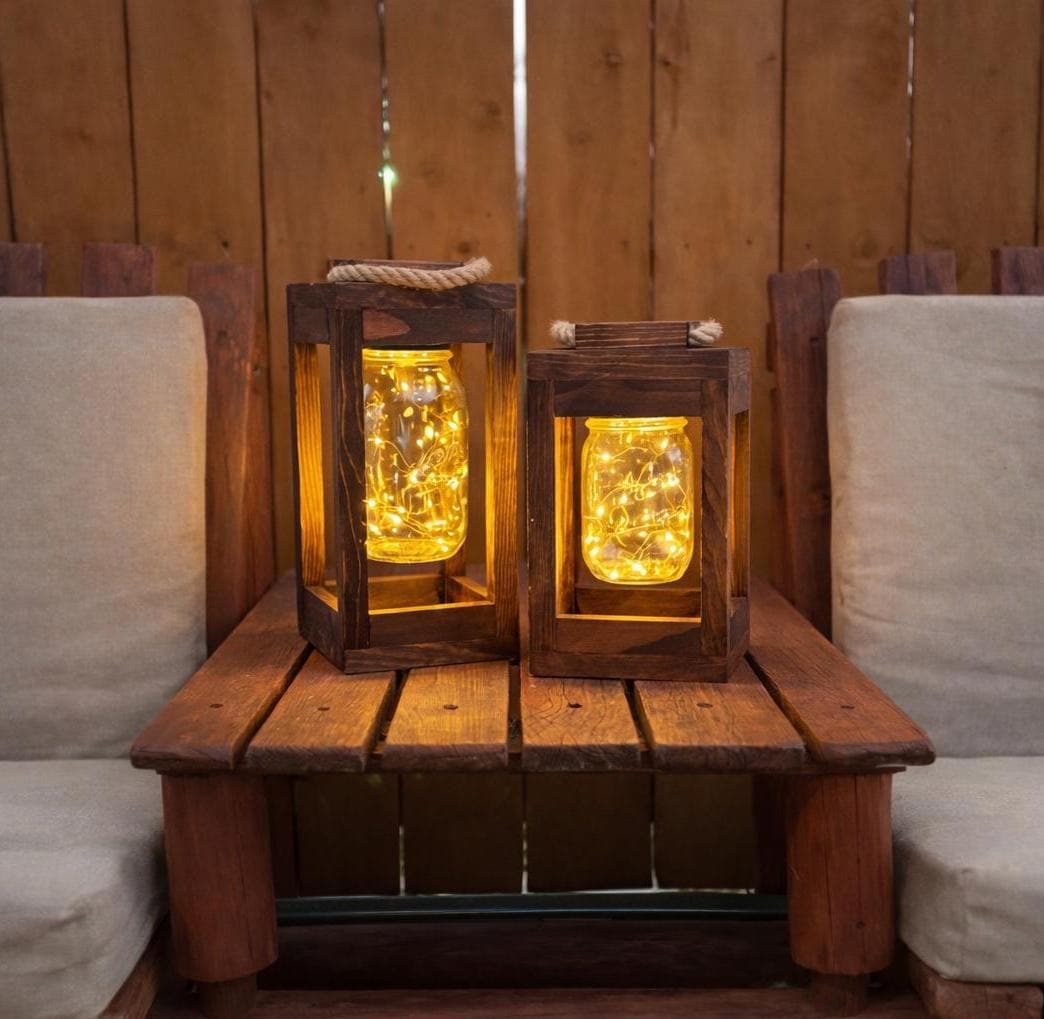 Rustic Wood Lantern Set | Mason Jar Fairy Lights, Farmhouse Decor