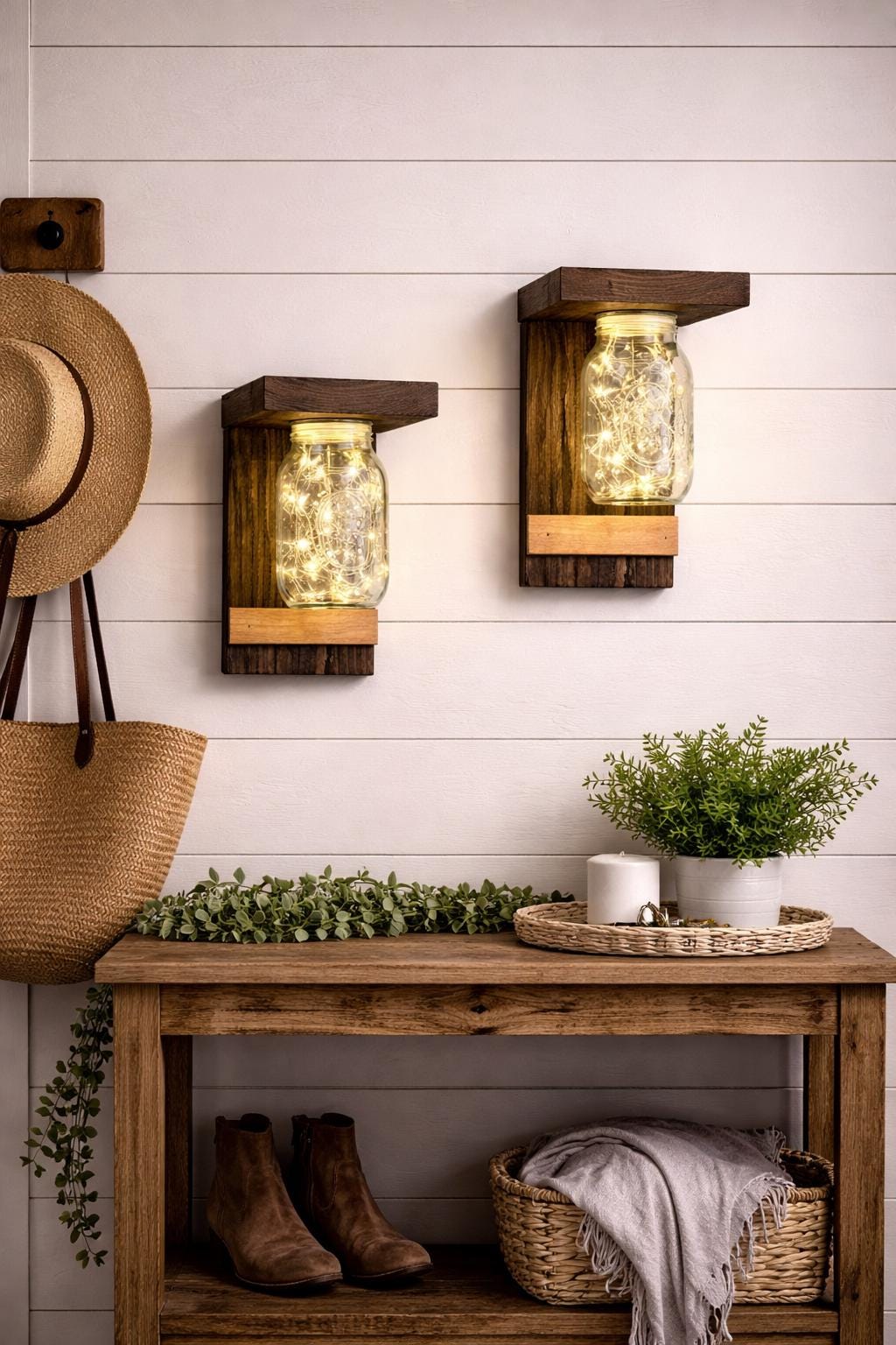 Rustic Mason Jar Wall Sconce Set / Farmhouse Lantern Lights / Entryway Lighting / Fairy Light Sconces