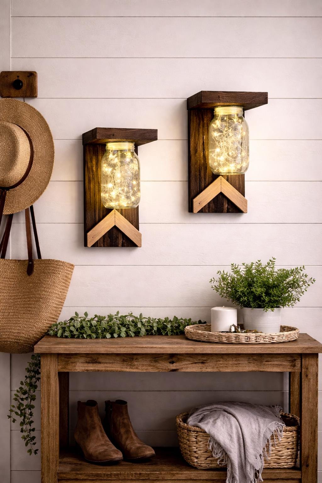Rustic Mason Jar Wall Sconce Set / Farmhouse Lantern Lights / Entryway Lighting / Fairy Light Sconces