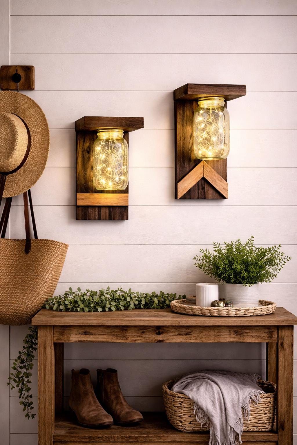 Rustic Mason Jar Wall Sconce Set / Farmhouse Lantern Lights / Entryway Lighting / Fairy Light Sconces