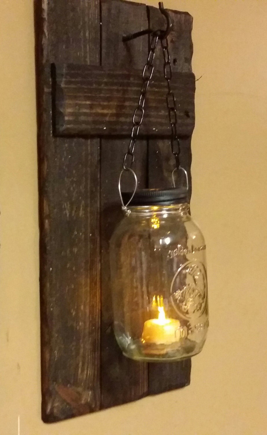 Rustic  Home Decor, Candle Holders, Set Of 2  Quart Mason Jar Sconces, Rustic Mason Jar Wood Candle,  Farmhouse Decor, Set 9 X 18